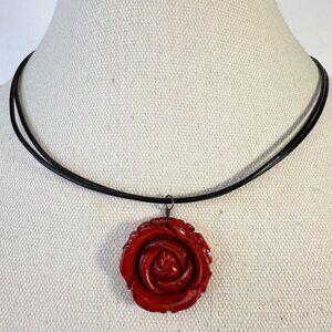 Carved Rose Necklace Leather Cord Srerling‎ Silver Clasp Floral Minimal Dainty